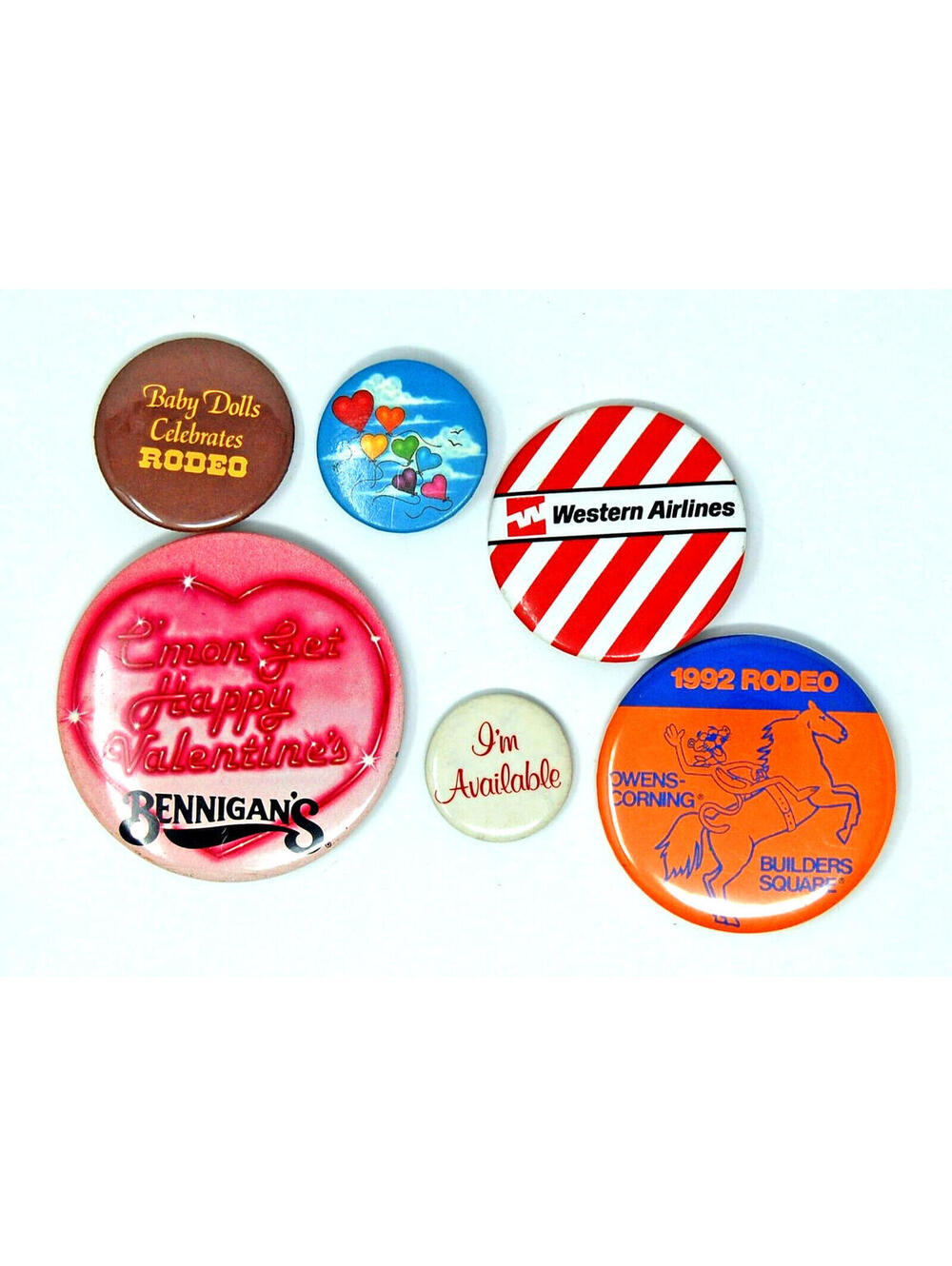 Vintage Pinback Button Lot Western Airlines Bennigan's Baby Doll Available Rodeo